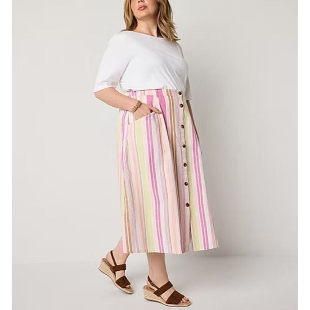 St‎ John's Bay Women's Plus XXL Midi A-Line Skirt Linen Blend Warm Stripe NWT
